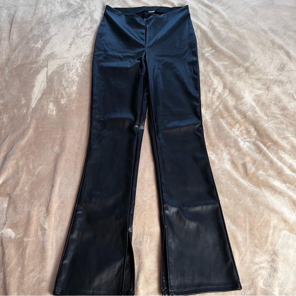 H&M Black Faux Leather V Cut High Rise Flare Pant with Split Hem - Size S